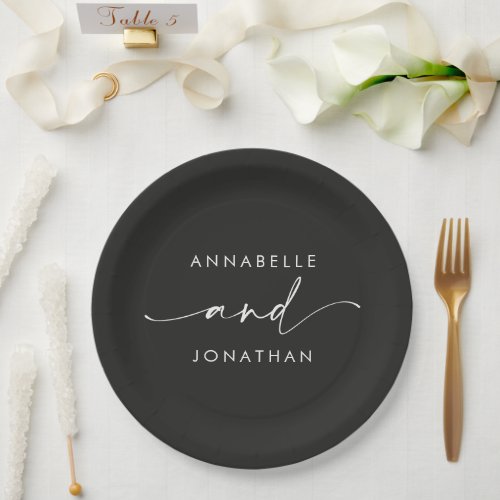 Modern black minimal elegant script wedding paper plates