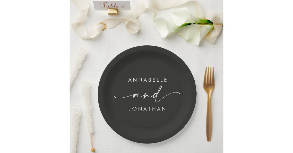 Script Plates Modern black minimal elegant script wedding paper plates | Zazzle