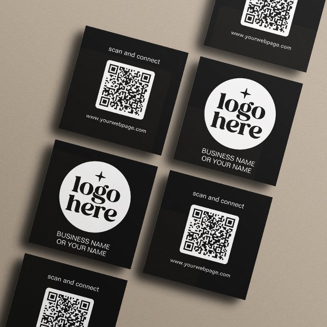 Modern Black Minimal QR Code Logo Square Business Card (Front and back of 2.5 inch square business card. Choose a corner and paper style.)
