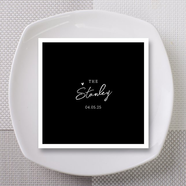 Modern Black Minimalist Custom Wedding Napkins (Minimalist White Heart Script on Black Wedding Napkins)