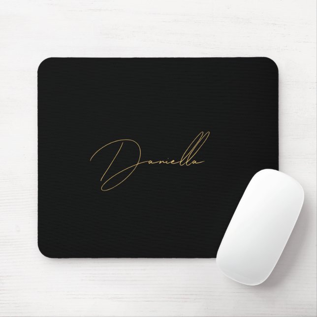 Modern Black Minimalist & Elegant Gold Script Name Mouse Pad (With Mouse)