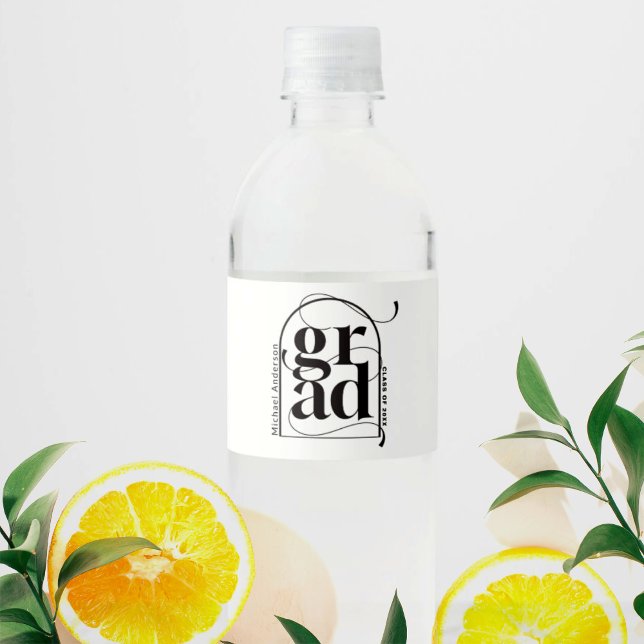 Modern Black Minimalist GRAD Arch Graduation Water Bottle Label (Creator Uploaded)