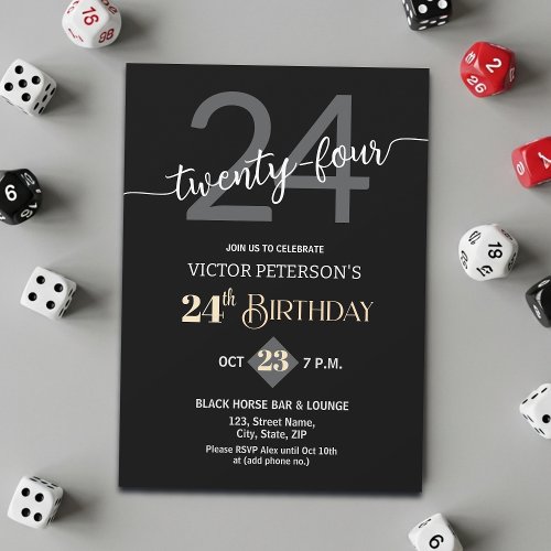 Modern Black Minimalist Men 24th Birthday Party