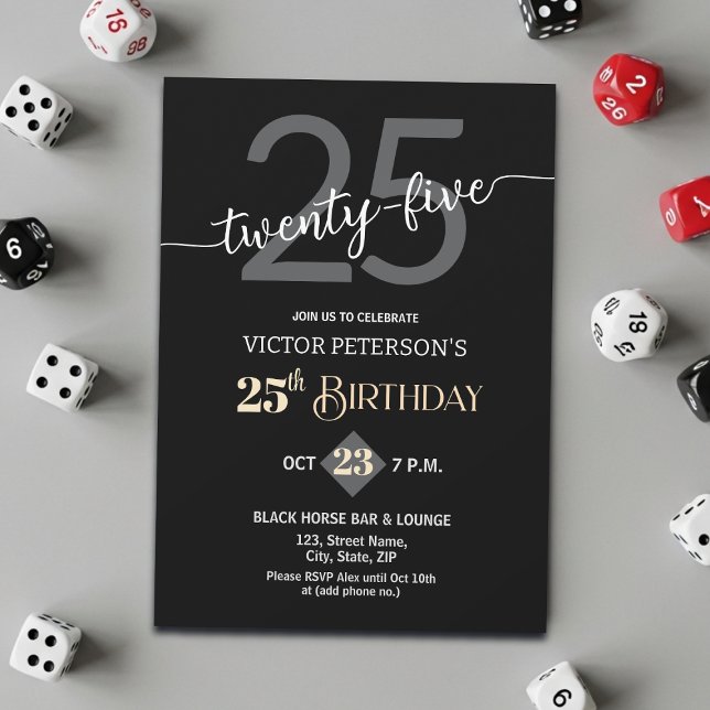 Modern Black Minimalist Men 25th Birthday Party Invitation (Creator Uploaded)