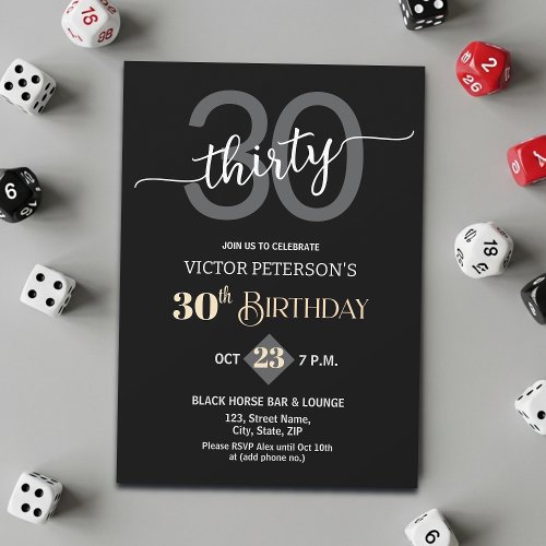 Modern Black Minimalist Men 30th Birthday Party