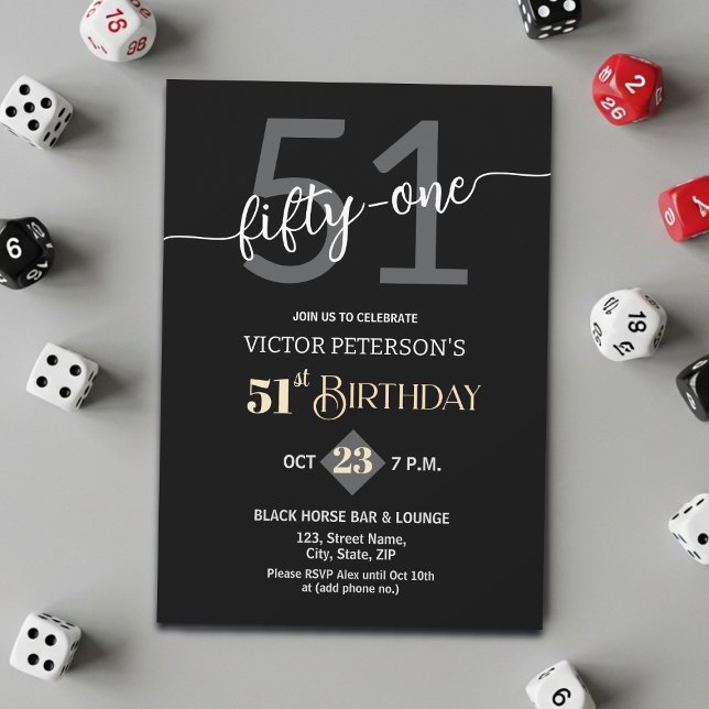 Modern Black Minimalist Men 51st Birthday Party Invitation (Creator Uploaded)