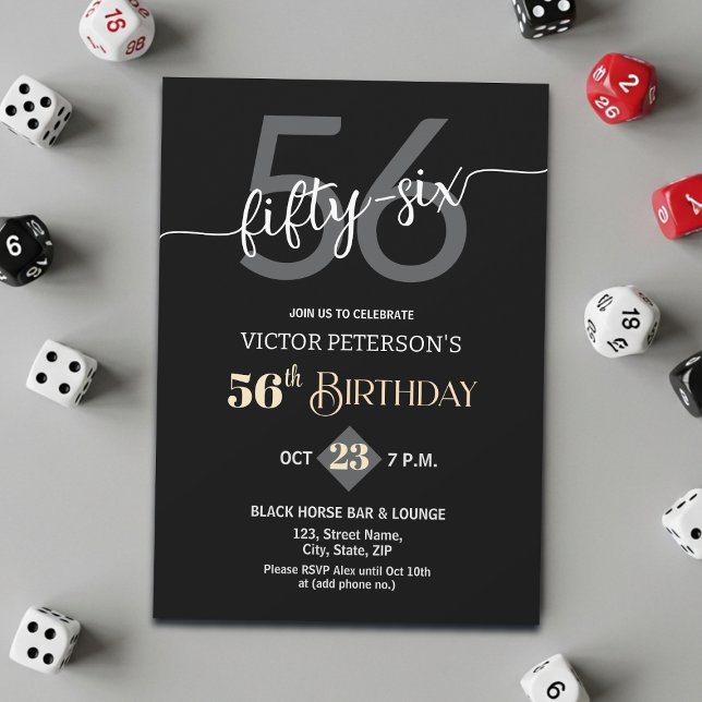Modern Black Minimalist Men 56th Birthday Party Invitation (Creator Uploaded)