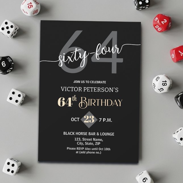 Modern Black Minimalist Men 64th Birthday Party Invitation (Creator Uploaded)