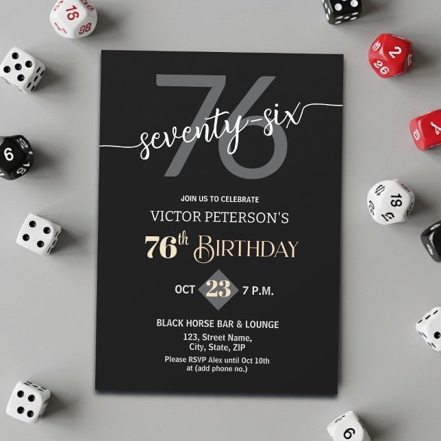 Modern Black Minimalist Men 76th Birthday Party Invitation (Creator Uploaded)