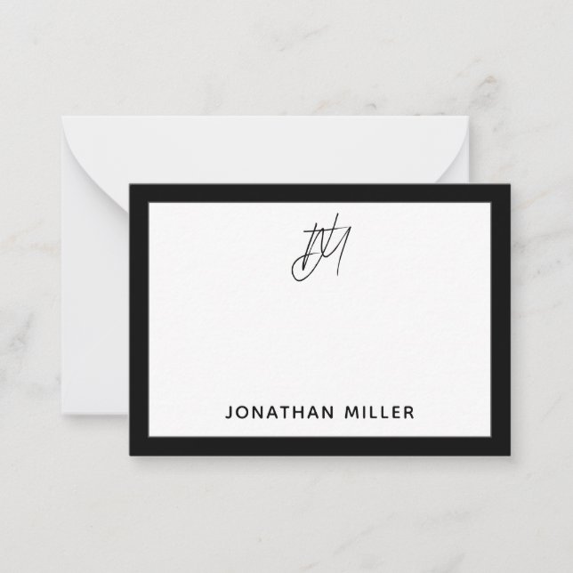 Modern Black Minimalist Monogram Note Card (Front)