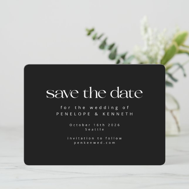 Modern Black Minimalist Serif Wedding Formal Chic Save The Date (Standing Front)