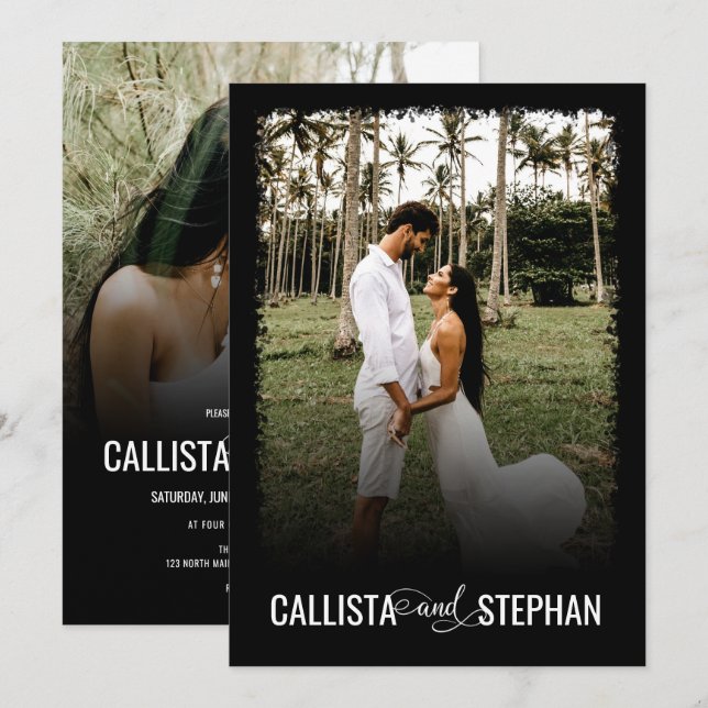 Modern Black Minimalist Typography Photo Wedding Invitation (Front/Back)
