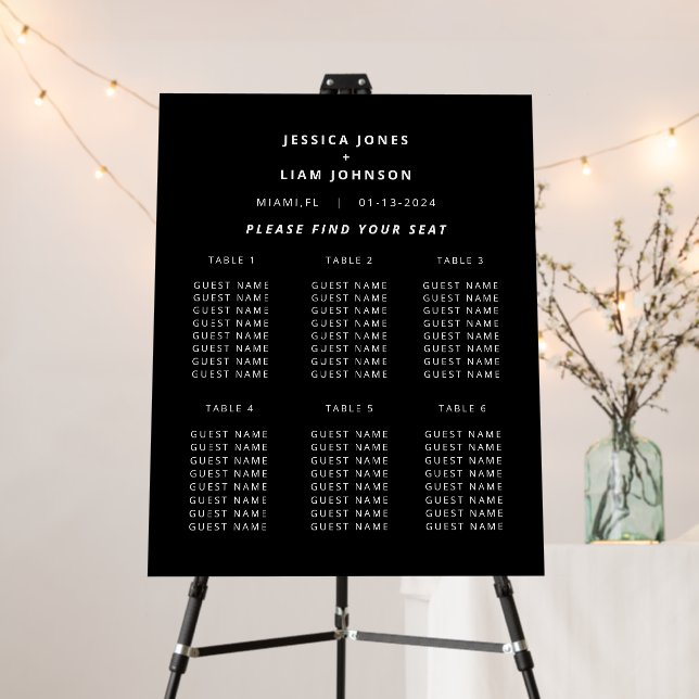 Modern Black Minimalist Wedding Seating Chart Sign (In Situ (Stand))