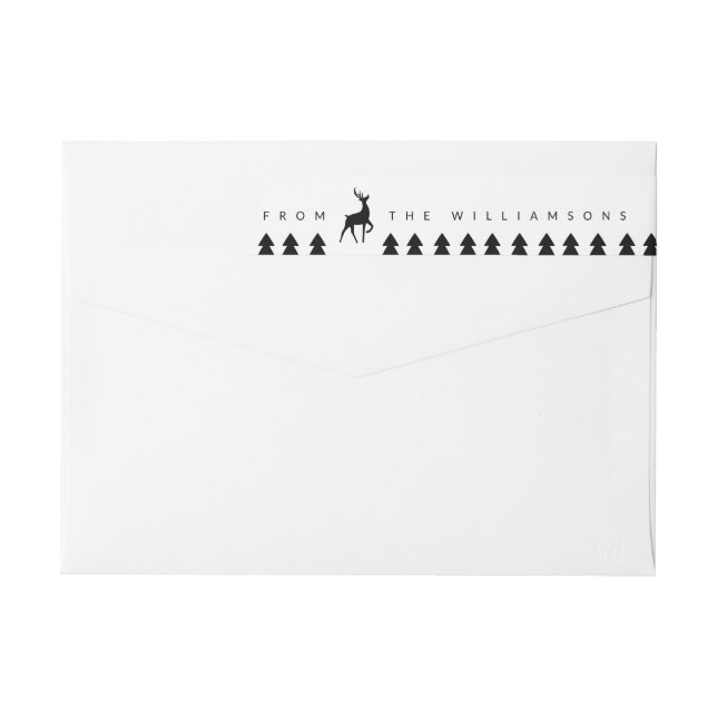 Modern Black Minimalistic Reindeer & Pine Trees Wrap Around Label (Back)