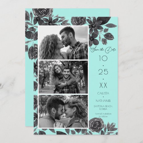 Modern Black Mint Floral Watercolor Photo Wedding Save The Date