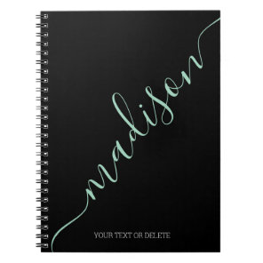 Modern Black Mint Green Handwritten Name Monogram Notebook