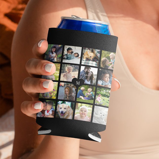 Modern black monogram 16 photo collage  can cooler (Creator Uploaded)