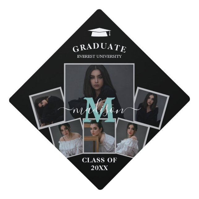 Modern Black Monogram 6 Photo  Graduation Cap Topper (Front)