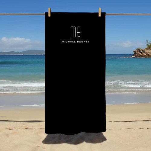 Modern Black Monogram Beach Towel