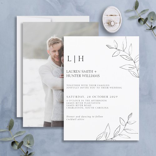 Modern Black Monogram Botanical Photo Wedding Invi Invitation