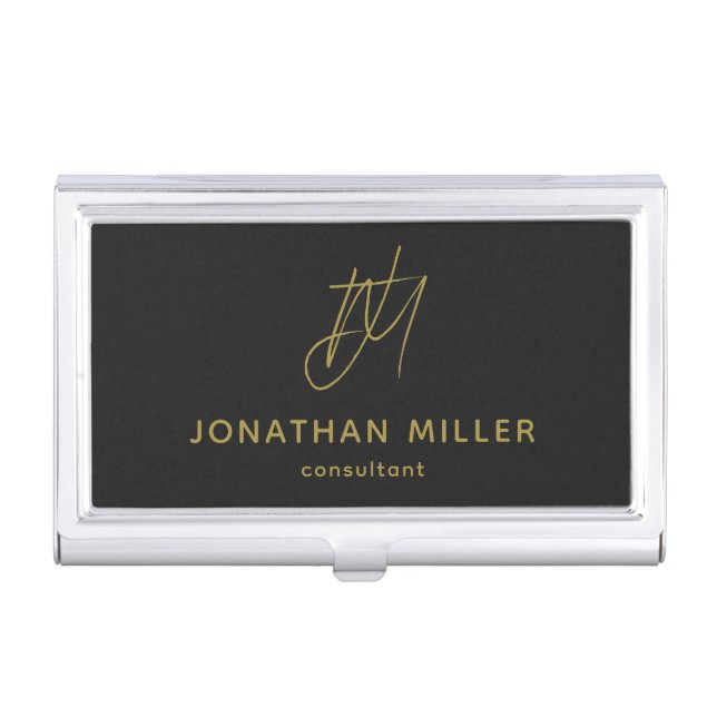 Modern Black Monogram Business Card Case (Front)
