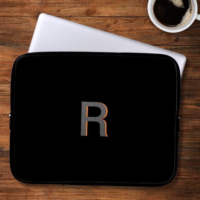 Modern Black Monogram | Custom Initial  Laptop Sleeve (Modern Black Typography Laptop Case, in Classic Minimal Design. Great Gift for him.)