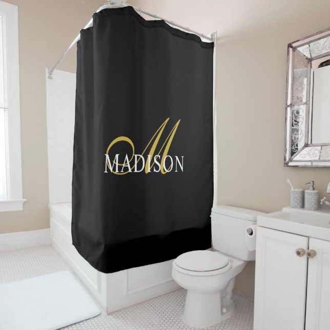 Modern Black Monogram Gold Script Name Shower Curtain (In Situ)