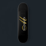 Modern Black Monogram Gold Script Name Skateboard<br><div class="desc">An elegant gold and white monogram on a rich black skateboard for your outdoor fun. Stylish,  and modern.</div>
