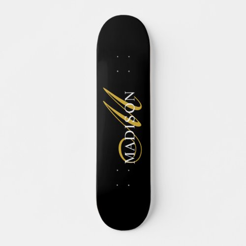 Modern Black Monogram Gold Script Name Skateboard