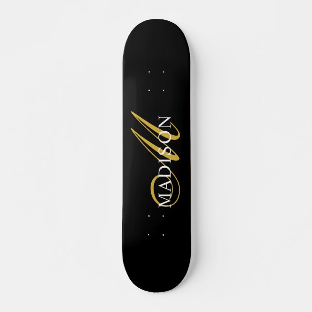 Modern Black Monogram Gold Script Name Skateboard (Front)