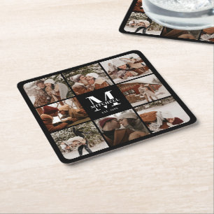 Modern Black Monogram Initial Family Name &  Photo Square Paper Coaster