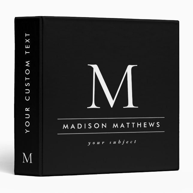 Modern black monogram initial monogrammed 3 ring binder (Front/Spine)