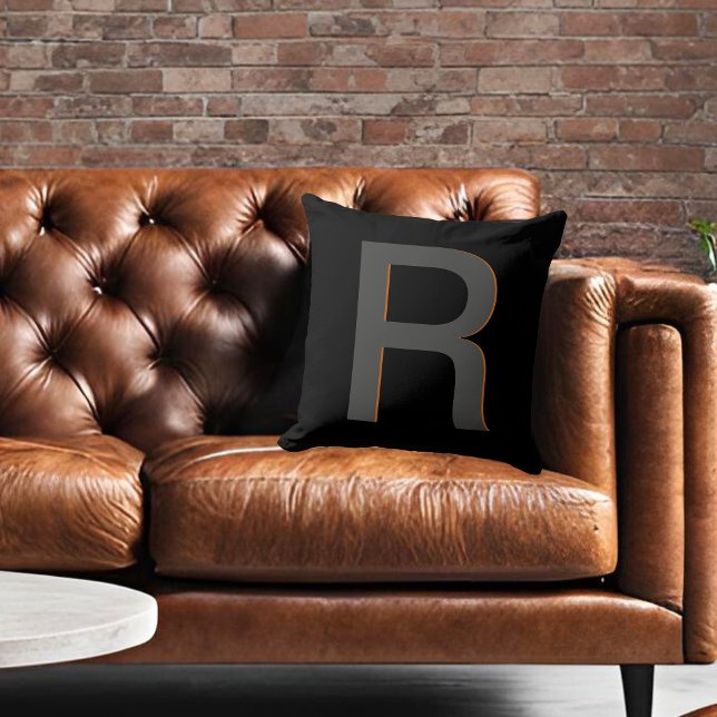 Modern Black Monogram Initial Throw Pillow (Modern Masculine Black Monogram Pillow, in Simple Minimalist Design. Makes a great gift for Dad)