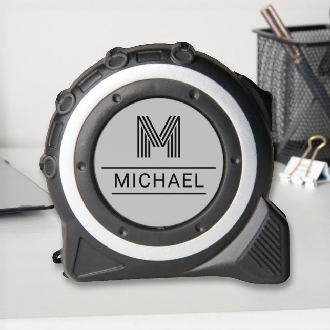 Modern Black Monogram Name Initial on Gray Tape Measure (Creator Uploaded)