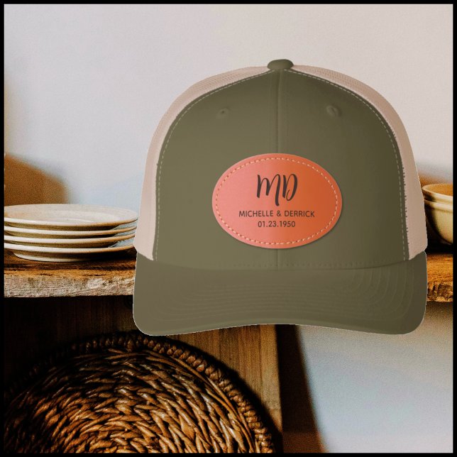 Modern Black Monogram Name Wedding Anniversary Leather Patch Hat (Creator Uploaded)