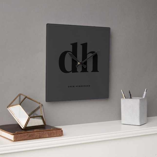 Modern Black Monogram Office Decor Square Wall Clock (Office)