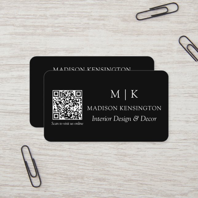 Modern Black Monogram or Add Logo QR Code Business Card (Front/Back In Situ)