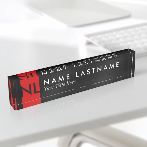 Modern Black Monogram Red Desk Nameplate