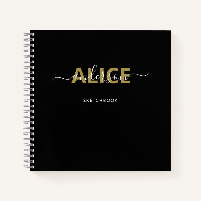 Modern Black Monogram Script Artist Sketchbook Notebook (Front)
