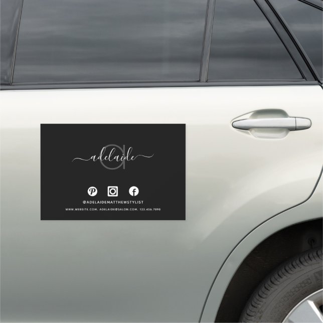 Modern Black Monogram Social Media Hair Salon Car Magnet (In Situ)