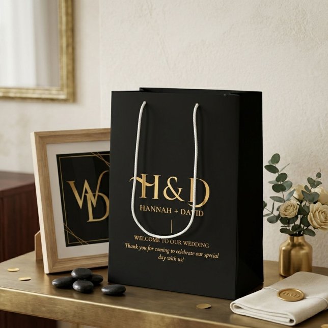 Modern Black Monogram Wedding Welcome Guest  Medium Gift Bag (Creator Uploaded)
