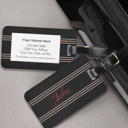 Modern Black Monogrammed Name Striped Travel Luggage Tag