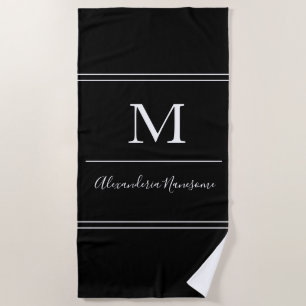 Modern Black Monogrammed White Script Beach Towel