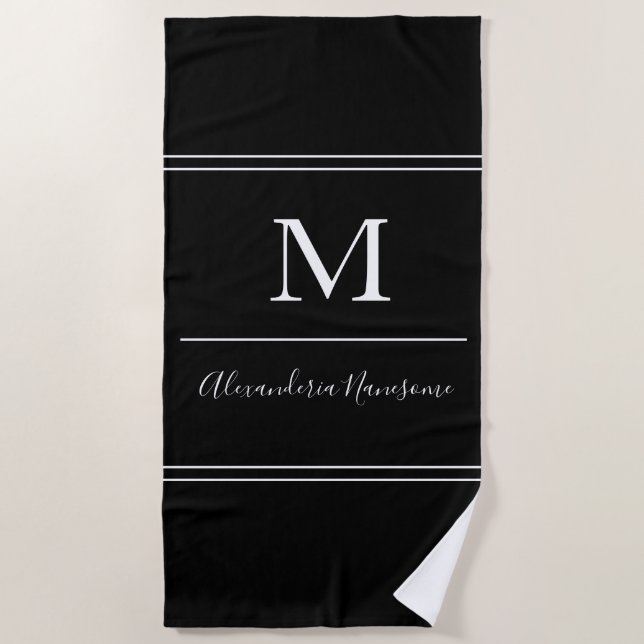 Modern Black Monogrammed White Script Beach Towel (Front)