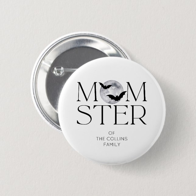 Modern Black Moon Bats Halloween Momster Mom Button (Front & Back)