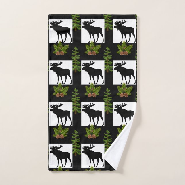 Modern Black Moose with Pine Greenery  Hand Towel (Hand Towel)