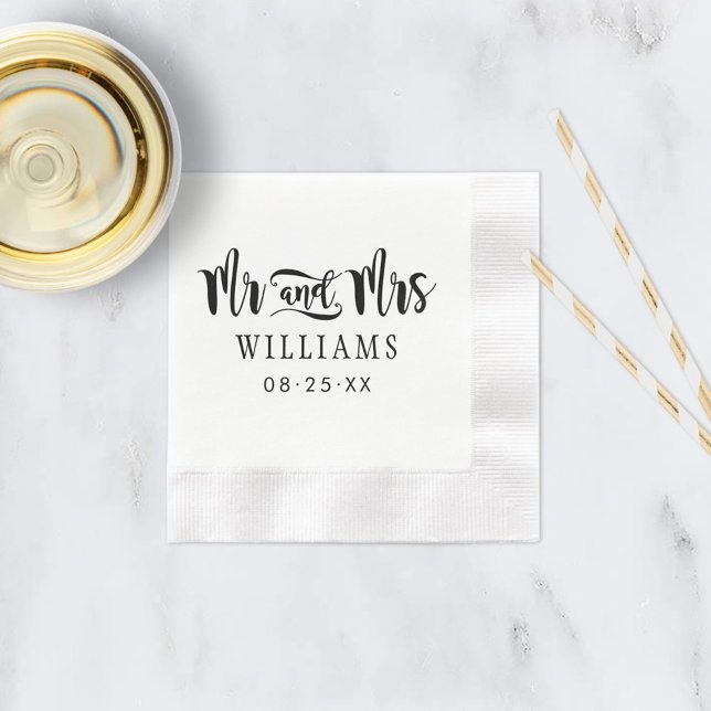 Modern Black Mr and Mrs Script Wedding Paper Napkins (Creator Uploaded)