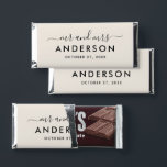 Modern Black Mr and Mrs Wedding Hershey Bar Favors<br><div class="desc">A bold and striking wedding favor wrapper featuring "Mr and Mrs" in flowing calligraphy script with the couple's surname displayed as a dramatic monogram centerpiece. Crisp black text on a soft white background delivers a timeless, high-contrast design that complements any wedding palette. Personalize with your names and wedding date for...</div>
