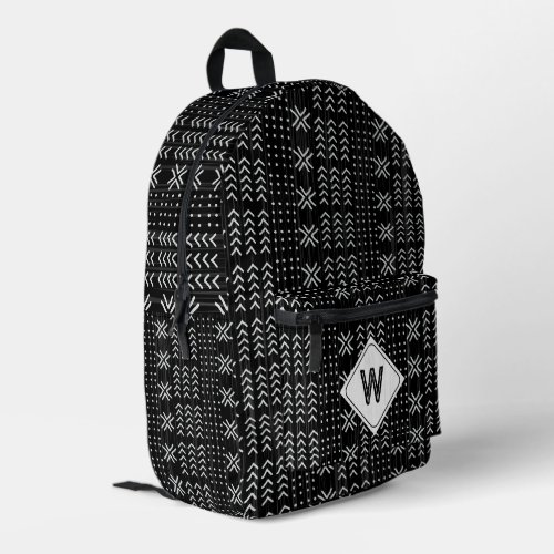 Modern Black Mudcloth African Monogram School Printed Backpack