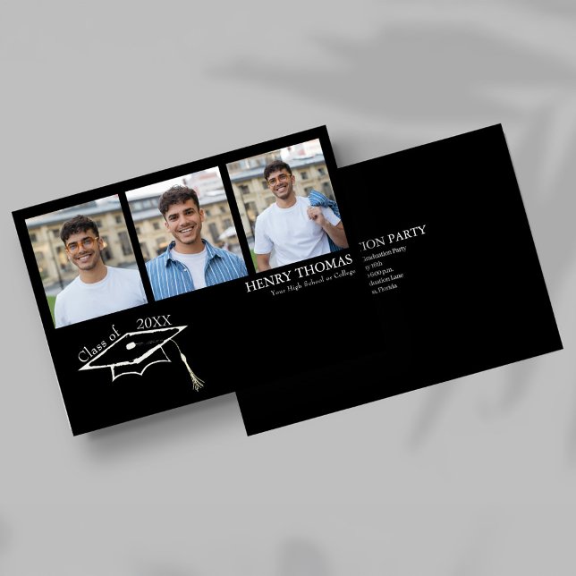 Modern Black Multi Photo Graduation Announcement (Modern black graduation card with three photo collage and cap design)
